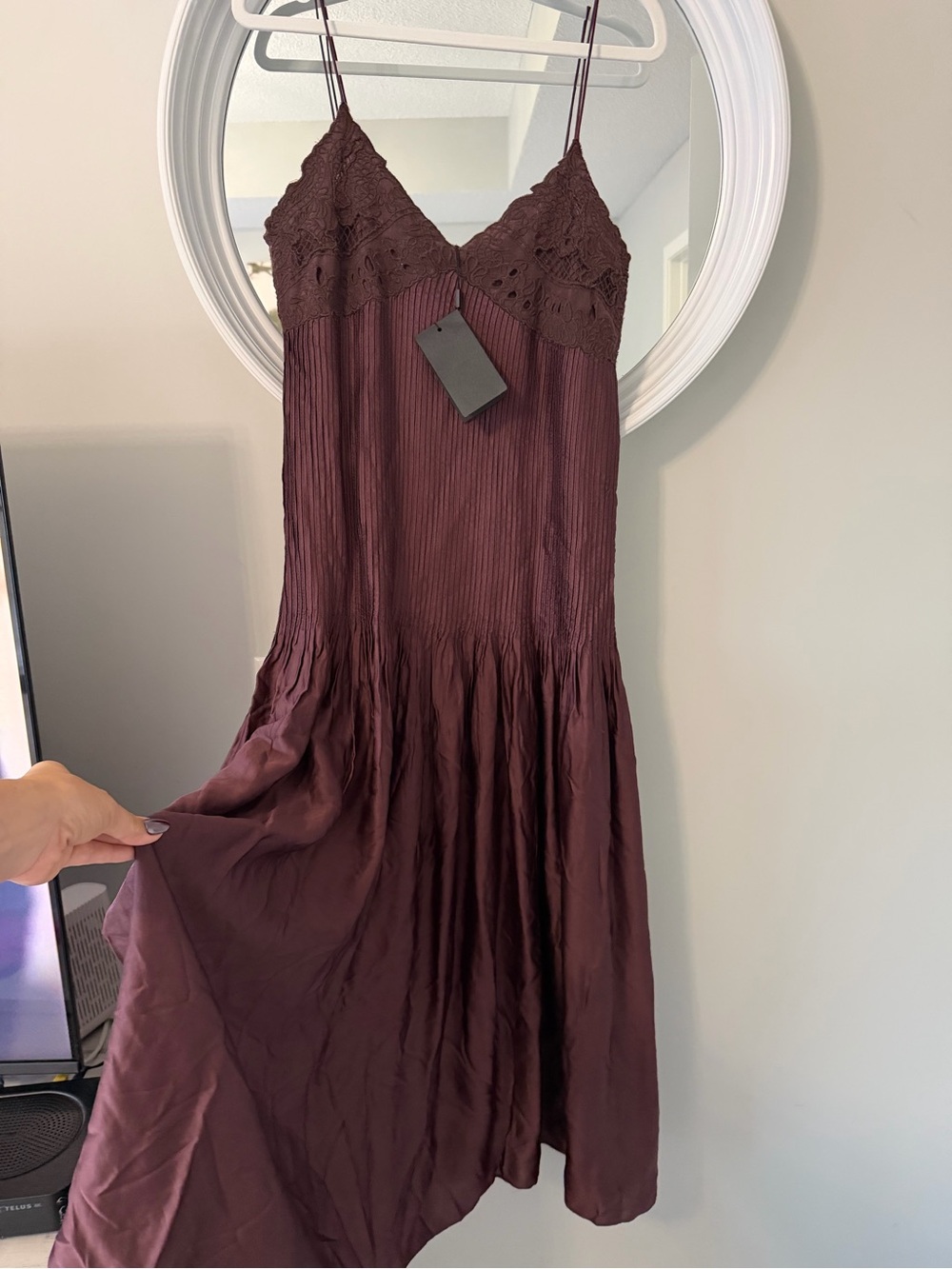 Massimo Dutti Burgundy Lace-Trim Midi Slip Dress